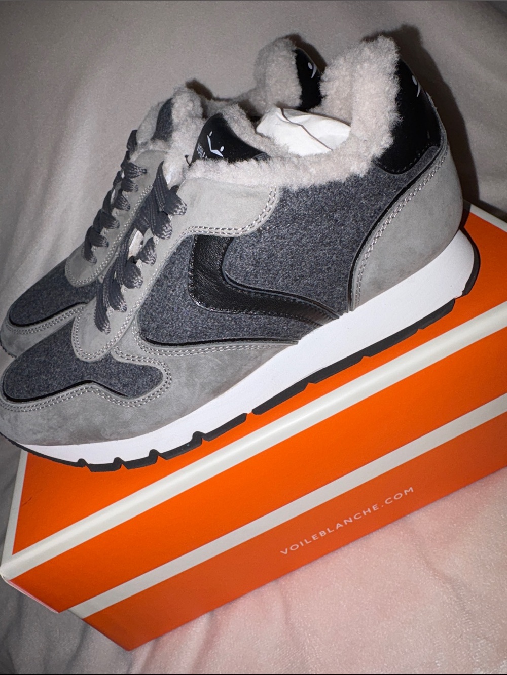 NWT VOILE BLANCHE JULIA Fur Leather and Fabric Sneakers in Grey -Anthracite - Picture 13 of 15